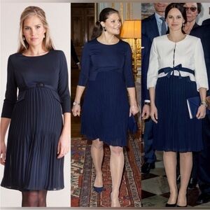 Luxe Seraphine Sophia Midnight Blue Maternity Pleated Dress NWT